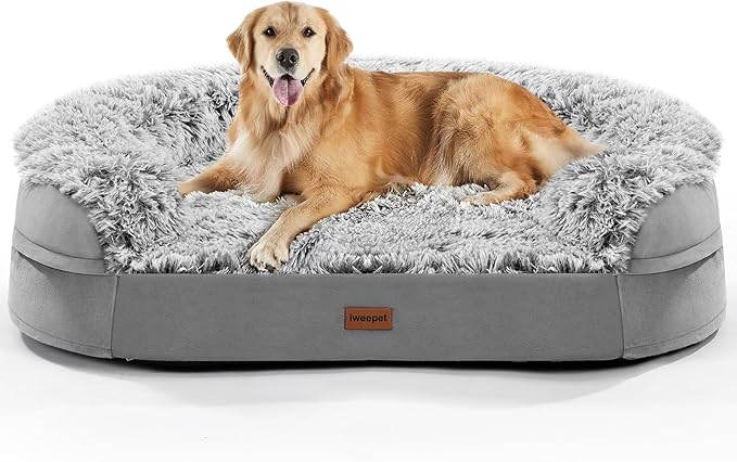3.7 inch Thickened Orthopedic Dog Beds for Large Dogs, Supportive Dog Sofa Bed with 28D Egg-Crate Foam, Removable Washable Plush Cover, Waterproof Lining, Half-Round Design for Puppy, Senior Dog-PawvioPets