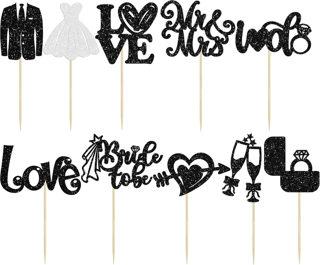 Ephlyn 30Pcs Bride to be Cupcake Toppers Glitter Wedding Cake Topper Decorations I Do Love Heart Ring Cupcake Picks for Bridal Shower Wedding Engagement Party Supplies Black