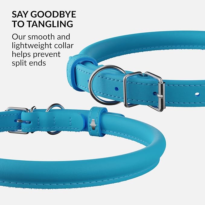 CollarDirect Rolled Leather Dog Collar, Soft Padded Round Puppy Collar, Handmade Genuine Leather Collar Dog Small Large Cat Collars 13 Colors (18-22 Inch, Light Blue Smooth)-PawvioPets
