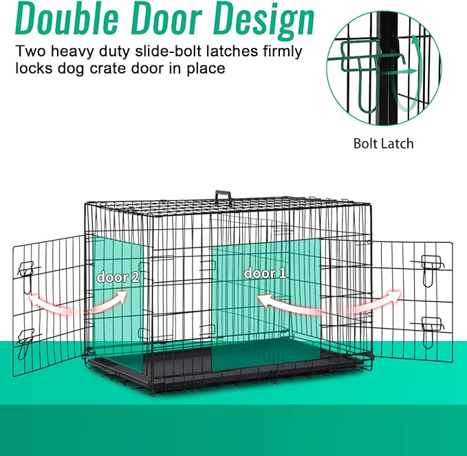 FDW Dog Crate for Large Dogs 42 Inch Folding Metal WirePet Cage Double Door W/Divider Panel Indoor Outdoor Kennel Leak-Proof Plastic Tray,Black-PawvioPets