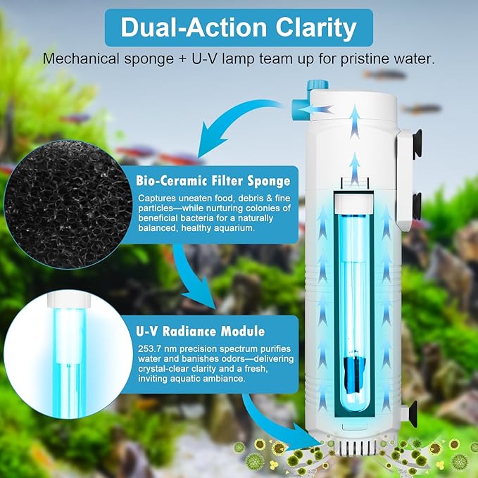 Aquarium U-V Filter with Programmable Timer for 40–160 Gallon Fish Turtle Tanks, Internal Submersible Power Filter with Bio Sponge, Adjustable Flow & Aeration for Freshwater Saltwater-PawvioPets