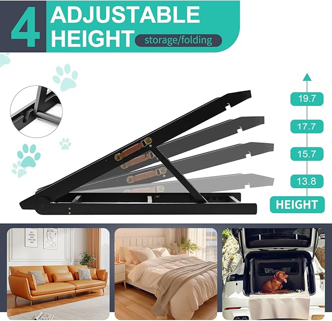 Dog Ramp, Adjustable Height Wooden Folding Pet Ramp for Bed, Couch,SUV-High Traction, Portable Paw Ramps for Small & Large Old Dogs & Cats - Furniture Quality-PawvioPets