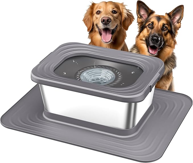Decflow 10L Stainless Steel Dog Water Bowl, No Spill Anti-Splash Dog Bowls with XXL Silicone Mat, Spill-Proof Slow Feeder for Messy Drinkers, Heavy Duty Pet Bowls for Indoor/Outdoor Use Grey-PawvioPets