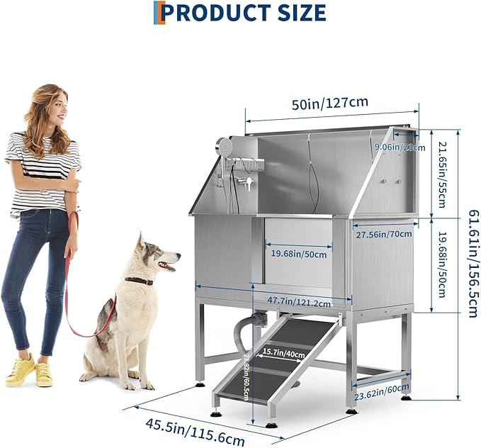 50" Stainless Steel Professional Dog Washing Station - Pet Bathing Tub w/Non-Slip Ramps | Slip-Resistant Floor Grate | for Large/Medium/Small Dogs-PawvioPets