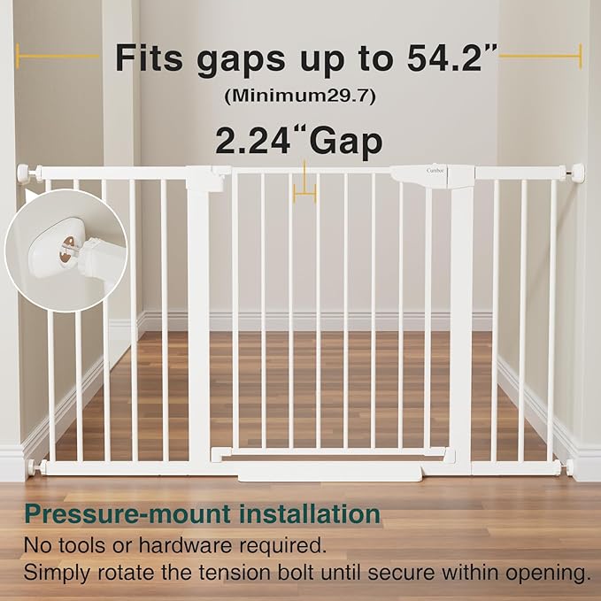 Cumbor 29.7-54.2" Wide Baby Gate for Stairs, Mom's Choice Awards Winner-Self Closing Dog Gate Indoor for Doorways, No Drilling Pressure Mounted Pet Gates for Kids, Easy Walk Through Safety Gate, White-PawvioPets
