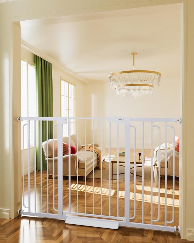 Cumbor 36" Extra Tall Baby Gate for Stairs, 29.7-57" Extra Wide Dog Gate for Doorways Hallways, Pressure Mounted Child Gate for Wide Opening, Auto Close Personal Safety for Babies and Pets, White-PawvioPets