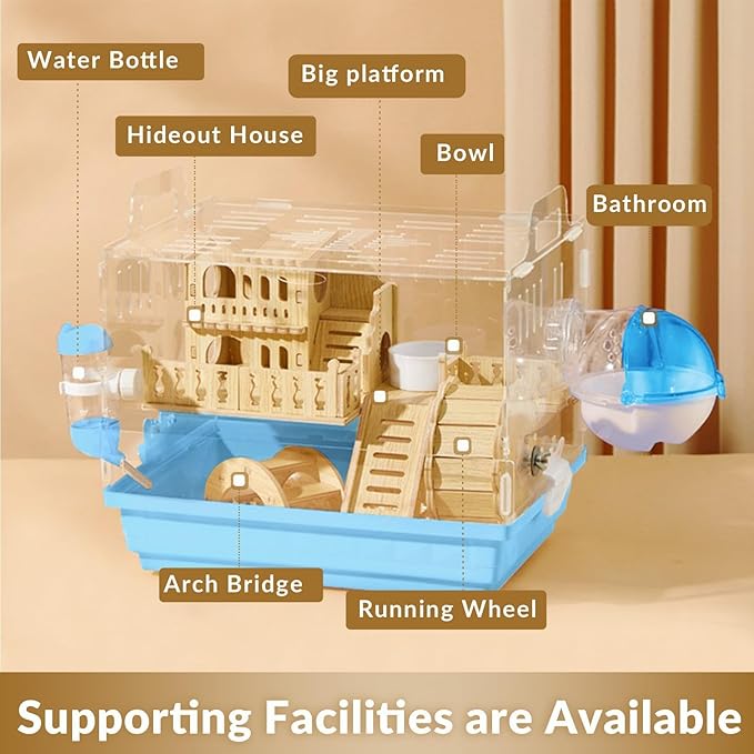 Cycodo 8 in 1 Acrylic Hamster Cage,2-Tier Dwarf Hamster Cage with Wooden Wheel & Hideout,Small Hamster Habitat with Accessories,Clear Pet Mice House(Blue,14" L*10" W*11" H)-PawvioPets