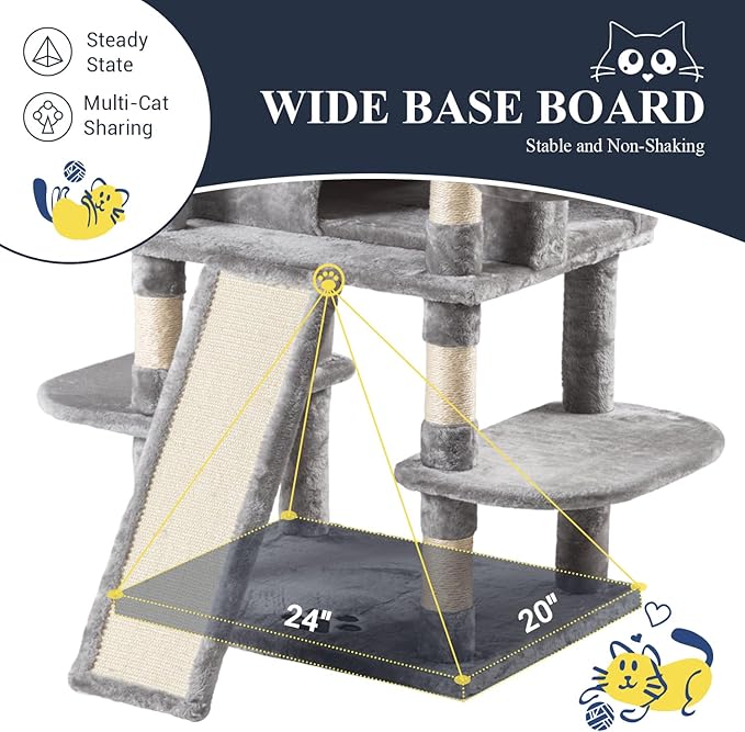 Allewie 68 Inches Cat Tree/House and Towers for Big Feline/Scratching Post/Multi-Level Large Kitty Climbing Tree with Condo/Light Grey-PawvioPets