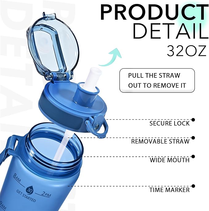 32oz Motivational Water Bottles with Time Marker & Fruit Strainer, Transparent Gradient Color Water Bottle with Times to Drink, Leakproof & BPA Free, Reusable Bottle with Strap (No Straw)-PawvioPets