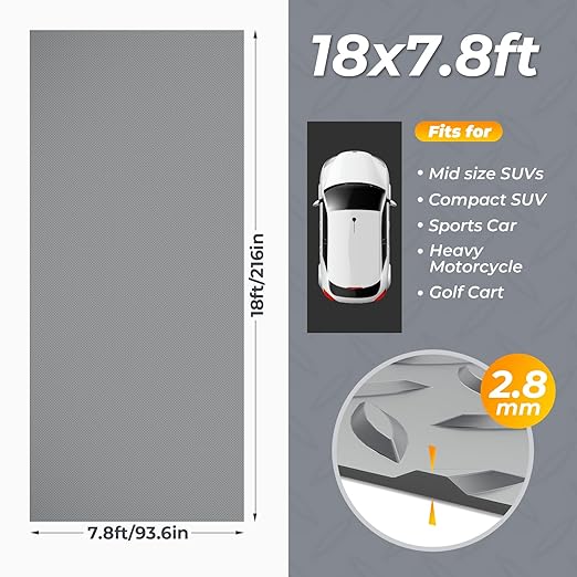 Geemax 7.8 x 18 FT Garage Floor Mats for Under Car, 2.8mm Thickened Rubber Garage Flooring Roll, M Size 140.4 SQFT Garage Car Mat for Mid-Size SUVs, Sports Car-PawvioPets