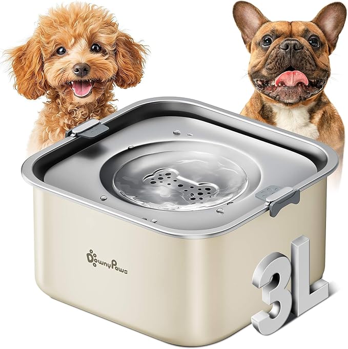 DownyPaws No Spill Water Bowl for Dogs,101oz/3L Slobber Stopper Stainless Steel, Slow Drinking Dog Water Bowl, No Mess Dog Water Dispenser Spill Proof, Dishwasher Safe, Beige-PawvioPets