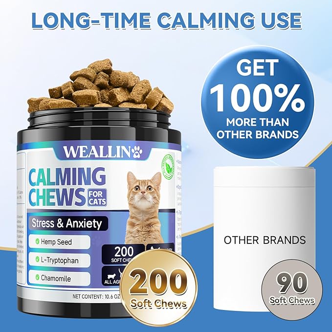 200 PCS Cat Calming Treats, Calming Treats for Cats Help to Manage Stress & Anxiety, Calming Aid for Cats with Hemp Seed Powder Chamomile Melatonin for Cat Anxiety Relief, Separation, Travel, Storms-PawvioPets