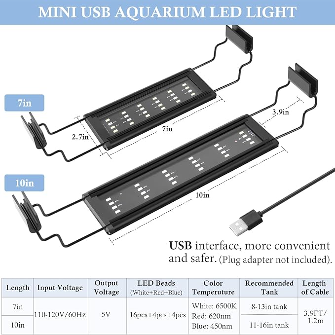 FEDOUR USB Mini Aquarium LED Light, Full Spectrum Aquarium Light with Extendable Brackets, Adjustable Aquarium Plant Light with External Controller, for Freshwater Tank (8-13in)-PawvioPets