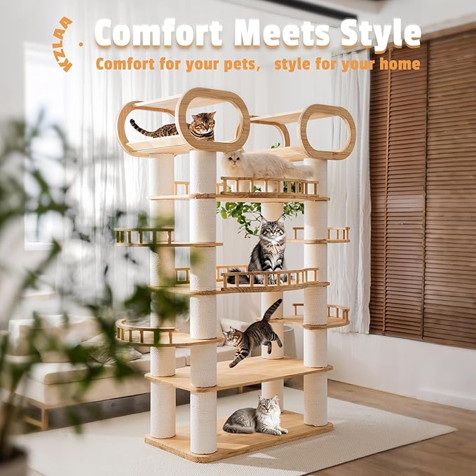 77'' Large Modern cat Tree, Multi-Level Tall Solid Cat Tower, Cat Furniture for Indoor Cats, Huge Cat Condo for Multi-Cat Families-PawvioPets