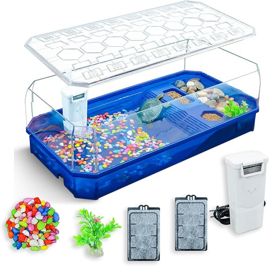 Aquatic Turtle Tank Habitat Kit Stone+Filter+Heat Lamp Enhancing Interaction with 360° Viewing, Standalone Filtration, DIY Creative Zone, Enriched Living (Blue, XL[Without Light])-PawvioPets