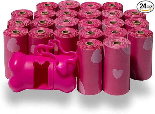 Best Pet Supplies Dog Poop Bags (360 Bags) for Waste Refuse Cleanup, Doggy Roll Replacements for Outdoor Puppy Walking and Travel, Leak Proof and Tear Resistant, Thick Plastic - Pink Heart-PawvioPets