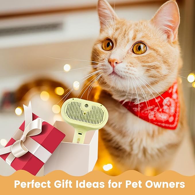 3 in 1 Cat Steam Brush, Pet Spray Hair Removal Comb for Shedding & Grooming, Water Brush for Cats Dogs Small Animals Long Short Haired with One-Click Release Button(Yellow)-PawvioPets