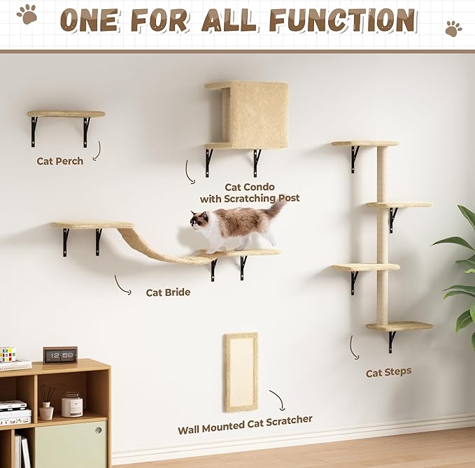 COZIWOW Wall Mounted Cat Furniture, Cat Wall Shelves and Perches, Floating Cat Shelves for Wall Set of 5(Beige)-PawvioPets