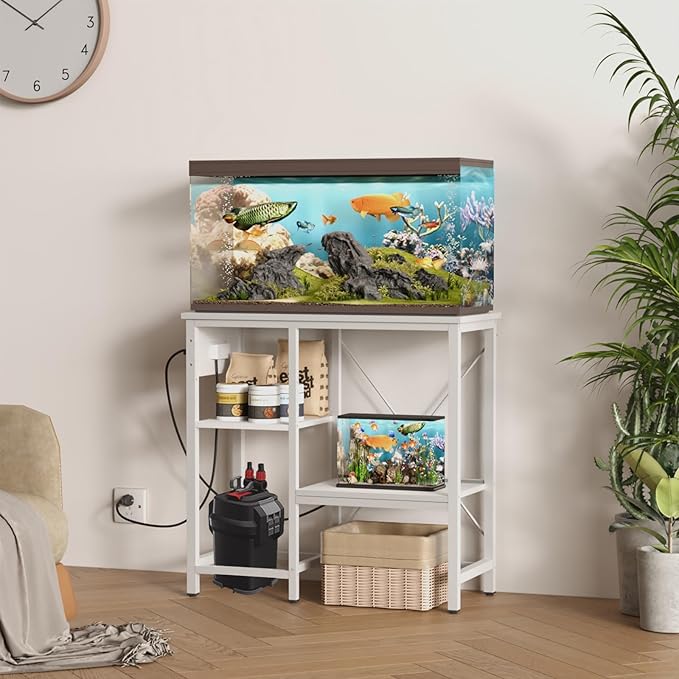 20-29 Gallon Fish Tank Stand with Power Outlet & LED Light, Metal Aquarium Stand with 3 Tier Adjustable Storage Shelves, Tank Stand for Reptile Tank, Turtle Tank, 30.7" L*13.8" W, White-PawvioPets