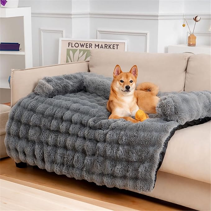 FUNNY FUZZY Pet Fluffy Plush Calming Dog Couch Bed Sofa Protector Washable Pets Mat for Large Medium Small Dogs and Cats (Grey,47.24 × 37.4 × 6.3 in)-PawvioPets