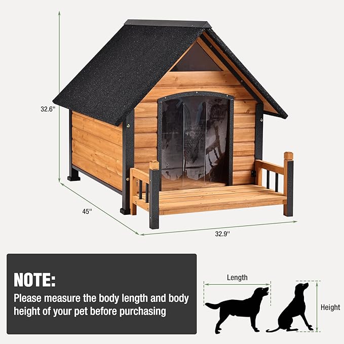 Dog House Outdoor with Anti-Chewing Iron Frame, Weatherproof Dog Kennel with Porch and Raised Feet for Small Medium Large Dogs Indoor (Brown, 45" x 32.9" x 32.6")-PawvioPets