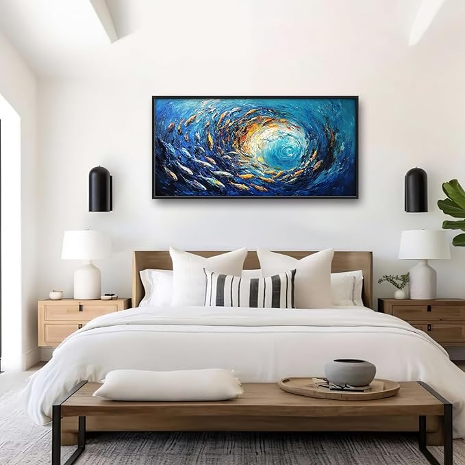 Extra Large Framed Abstract Ocean Fish Wall Art,Oversized Blue Sea Nautical Fish Wall Decor Pictures for Living Room,Canvas Print Painting Modern Artwork Bedroom Office Bathroom Home Decor 60L x30W-PawvioPets