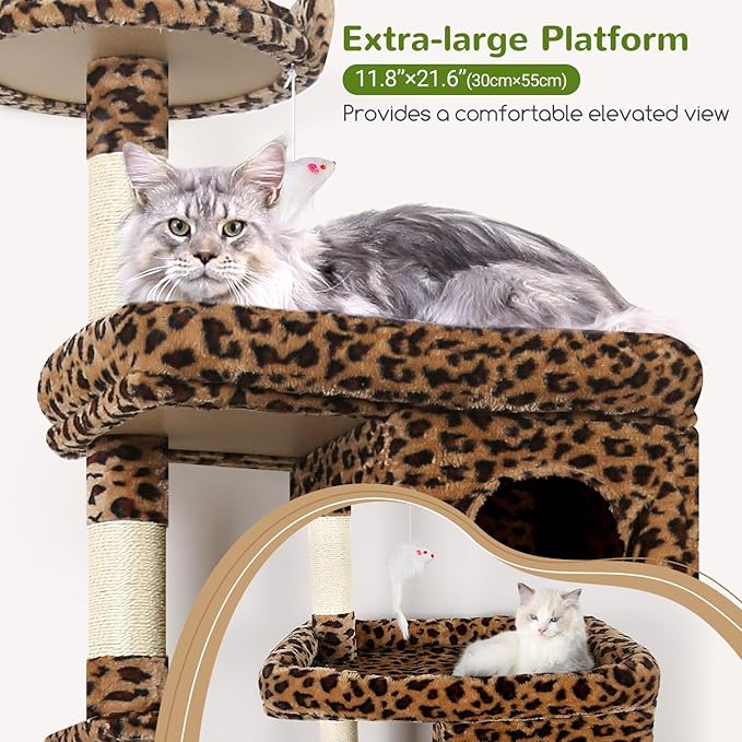 Globlazer Heavy Duty Cat Trees for Large Cats, Sturdy 72in Maine Coon Cat Tree for Large Cat 20 lbs+ Heavy Duty Cat Tower for Adult Biggest Cats with 6 Scratching Posts, Hammock, S72, Leopard Print-PawvioPets
