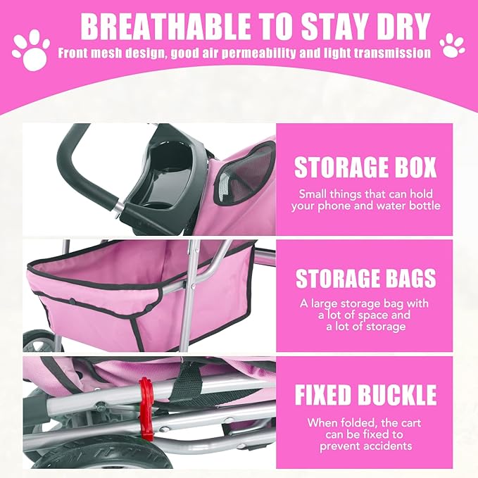 Dog Stroller, Folding 4 Wheels Pet Stroller for Small Medium Dog Cat Travel Carrier with Weather Cover Storage Basket Cup Holders Pink-PawvioPets