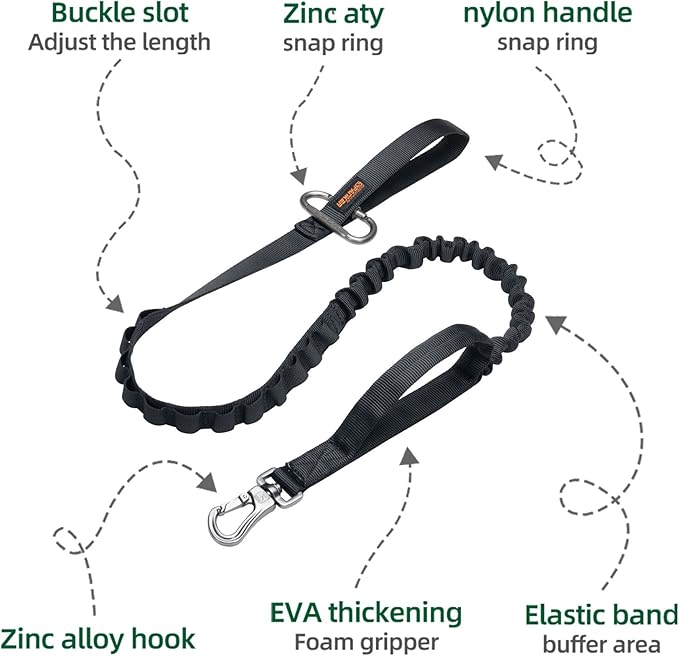 EXCELLENT ELITE SPANKER Tactical Bungee Dog Leash Military Adjustable Dog Leash Quick Release Elastic Leads Rope with 2 Control Handle(Black-PawvioPets