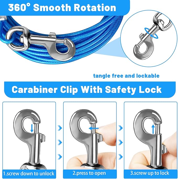 Dog Tie Out Cable - 10/15/20/25/30 FT Blue Steel Wire Cable with Durable Clips - Large Dog Lead for Outside Use - Up to 165 lbs-PawvioPets