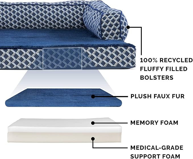 Furhaven Memory Foam Dog Bed for Large Dogs w/ Removable Bolsters & Washable Cover, For Dogs Up to 125 lbs - Plush & Woven Decor Comfy Couch Sofa - Diamond Blue, Jumbo Plus/XXL-PawvioPets