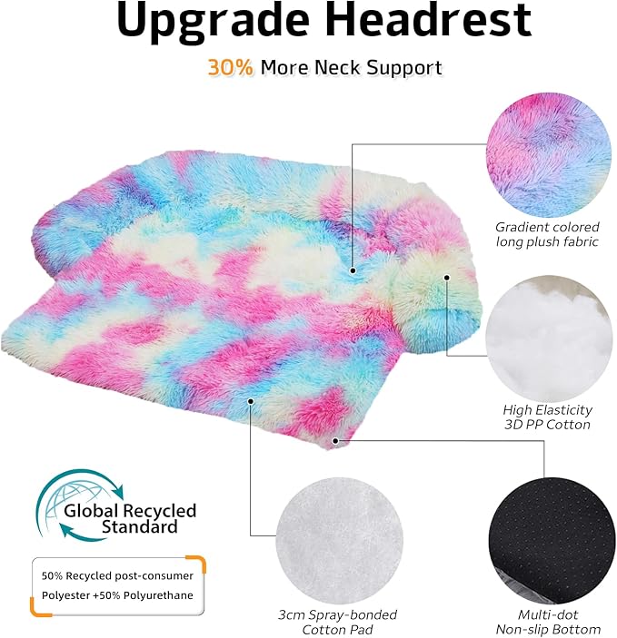 GGIB Calming Dog Bed Fluffy Plush Dog Mat for Furniture Protector with Removable Washable Cover for Large Medium Small Dogs and Cats (Large, Rainbow)-PawvioPets