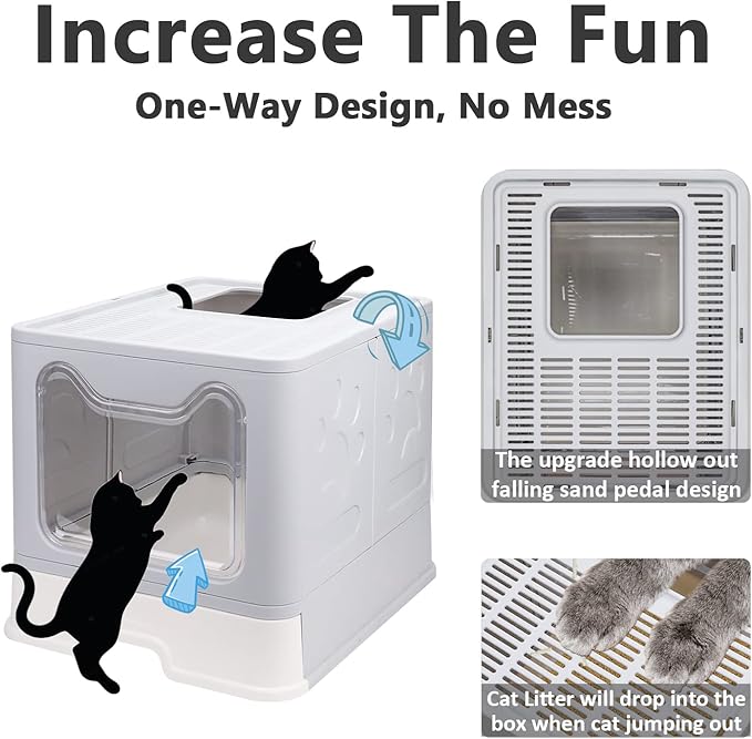 Foldable Cat Litter Box with Lid, Enclosed Potty, Large Top Entry Anti-Splashing Toilet, Easy to Clean Including Litter Scoop and 2-in-1 Cleaning Brush (Grey)-PawvioPets