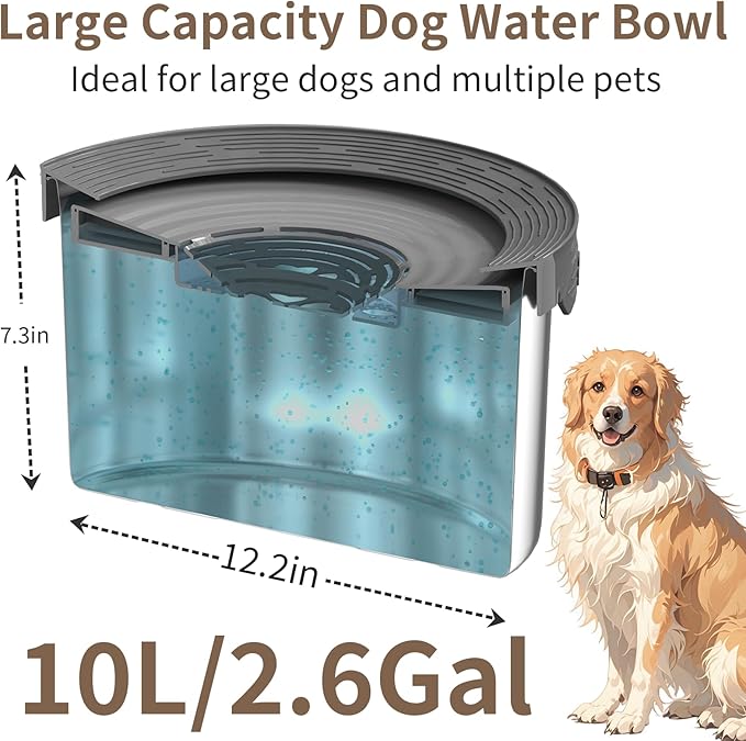 10L Dog Water Bowl No Spill 2.6 Gallon Super Large Capacity Stainless Steel No Splash Dog Bowls 338oz Slow Drinking Feeder with Non-Slip Base Pet Water Dispenser for Dogs-PawvioPets