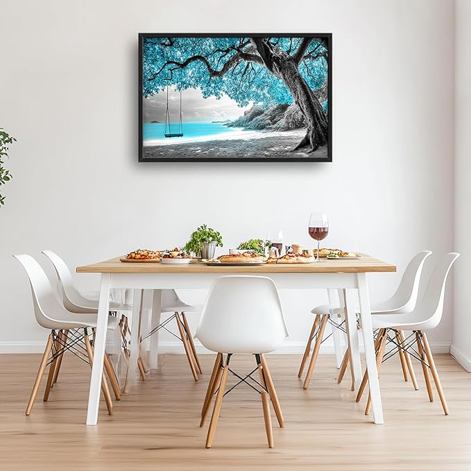 Extra Large Framed Abstract Tree Wall Art,Black and White Tree of Life Wall Decor,Blue Teal Sea Pictures for Living Room,Canvas Print Painting Modern Artwork Bedroom Office Bathroom 36L x 24W-PawvioPets