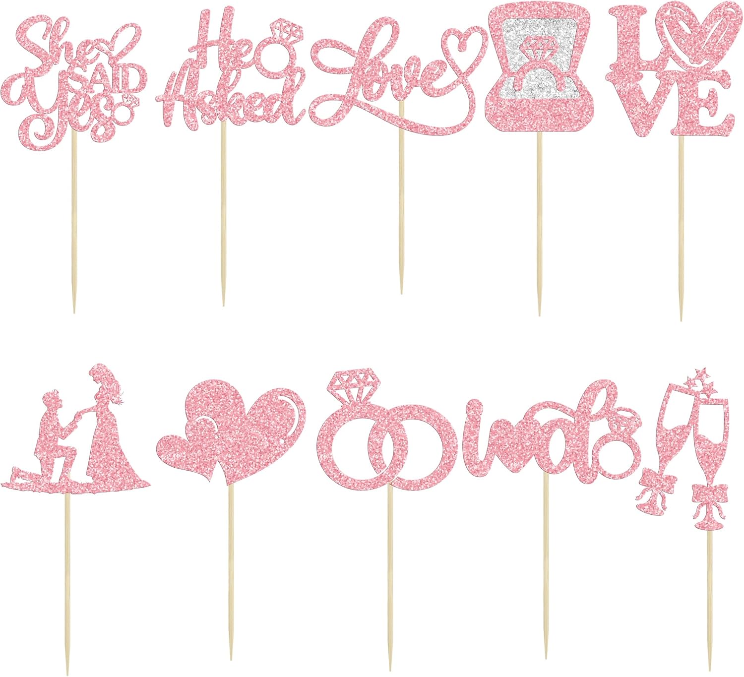 Ephlyn 30Pcs He Asked She Said Yes Cupcake Toppers Glitter Engagement Cupcake Toppers Diamond Ring Heart Love I Do Cupcake Picks for Engagement Wedding Party Cake Decorations Pink
