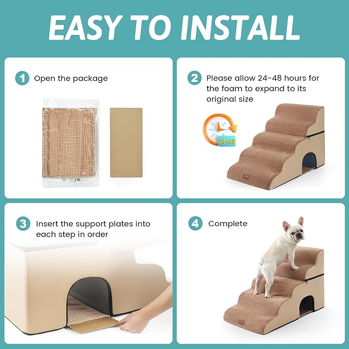 Extra Wide Dog Stairs with Tunnel, Detachable Large Pet Step for Small Medium Dog, Puppy or Cat, Ramp for High Bed, Couch, Sofa or Car, Stable, 19.7x33x22.4 inch, 5 Step, Light Brown-PawvioPets