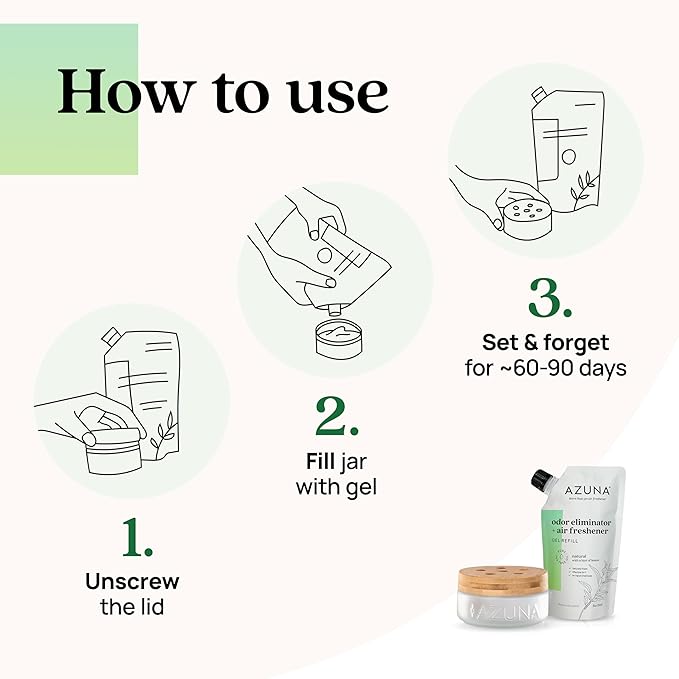 Azuna Air Freshener & Odor Eliminator for Strong Odor | 1 Room Kit Includes (1) Empty Luxe Glass Jar & 8oz Refill with Tea Tree Essential Oil Gel | Natural Scent | Last 60-90 Days-PawvioPets