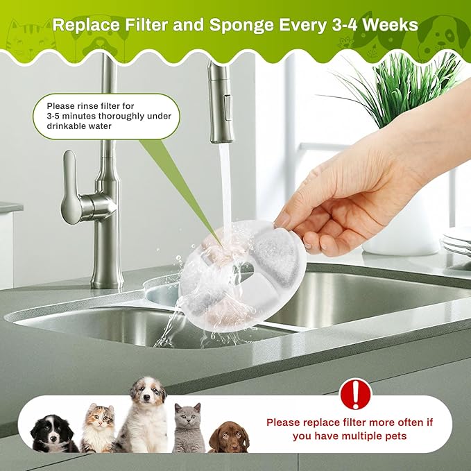 10 Set Cat Water Fountain Filter Replacement for Square 2.2L/73oz Stainless Steel Cat Fountain, ZEKIRY Pet Fountain Filter, Triple Filtration Replacement Filters(10 Filter, 10 Sponge, 10 8D Sponge)-PawvioPets