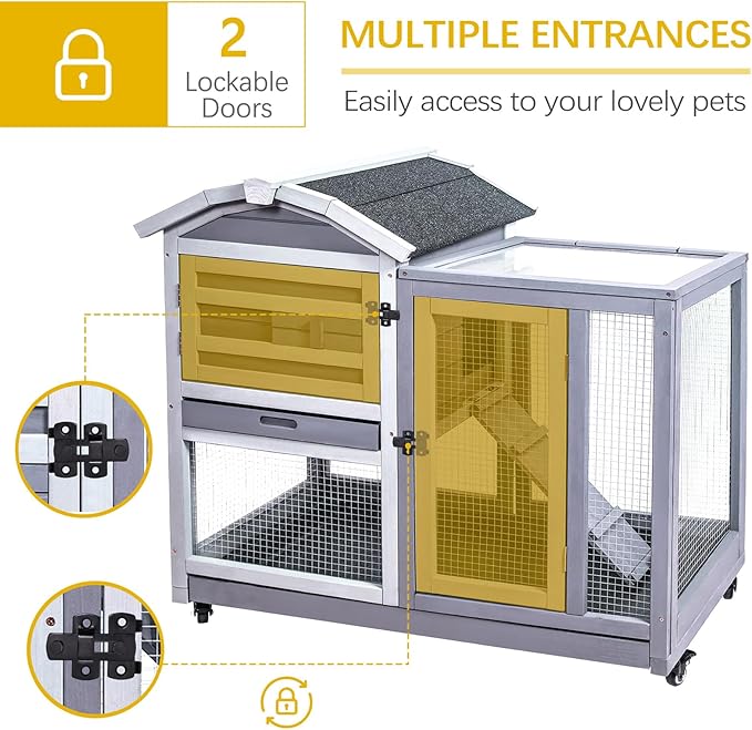 GEGURI Rabbit Hutch Indoor Rabbit Cage Outdoor, Wooden Bunny Cages for Guinea Pig with Wheels, Removable Tray, Ramp-PawvioPets