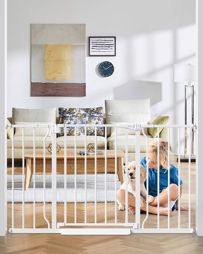 29"-51" Baby Gate for Stairs, Auto Close Stroller Friendly Dog Gate Indoor for Doorways, Pressure Mounted Baby Gate, Easy Walk Through Gate for Children & Pets, White-PawvioPets
