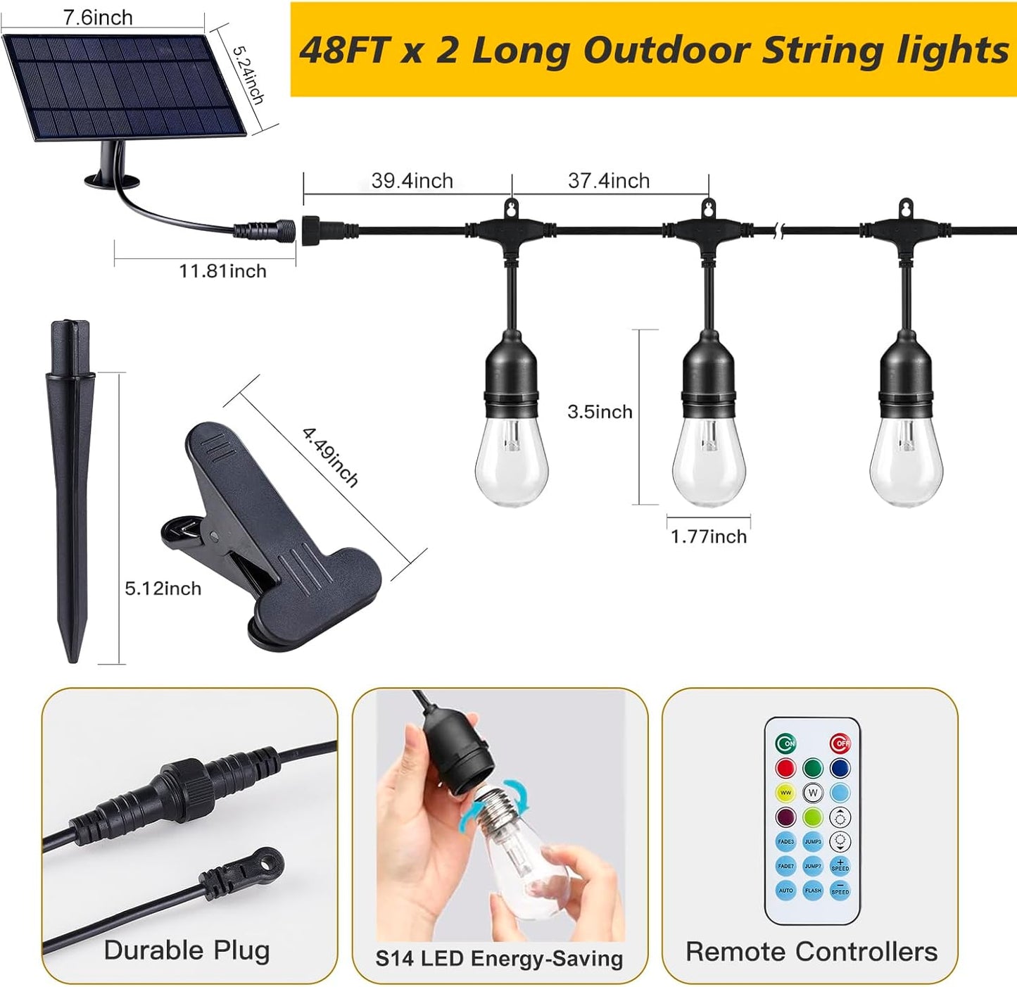 96FT Solar Outdoor String Lights, 30 Shatterproof Edison LED Bulbs, Dimmable RGB Color Changing Patio Lights with Remote, Waterproof Commercial Grade Fairy Lights for Garden, Yard