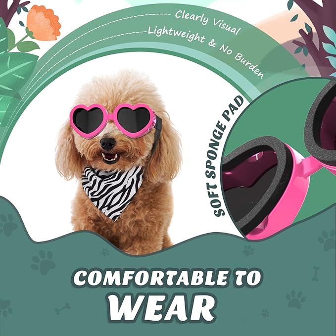 2 Pack Small Dog Sunglasses UV Protection Goggles Eye Wear Protection with Adjustable Strap Doggy Heart Shape Anti-Fog Sunglasses for Pet Dogs Sun Glasses Doggie Windproof Glasses, Pink-PawvioPets