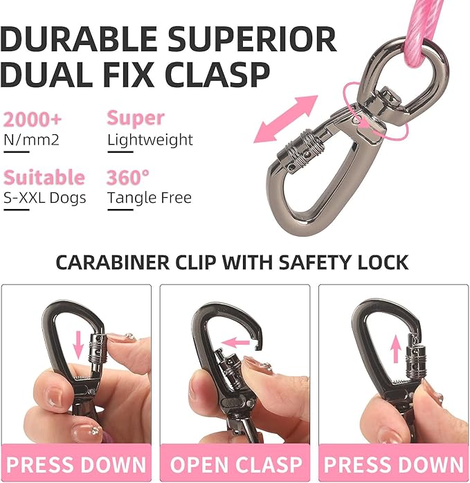 Dog tie Out Cable, 10/20/25/30/50/70/100 feet, Suitable for Dogs up to 350 pounds, Dog Cable with Swivel Buckle, Lightweight, Non-Winding, for Outdoor Camping, Yard Dog Cable (Pink, 10FT)-PawvioPets