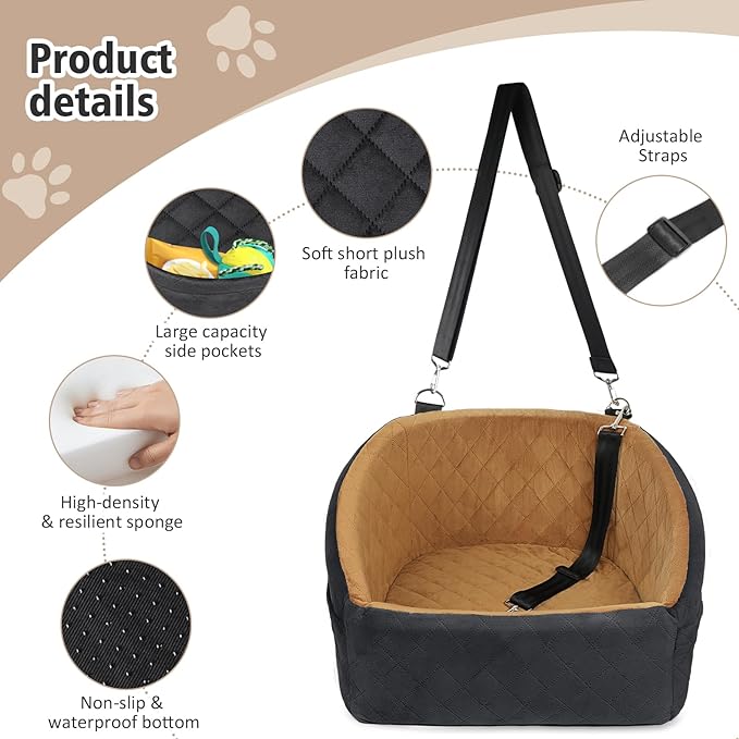 Dog Car Seat for Small Medium Dogs,Detachable Washable Dog Booster Seat Under 30lbs, Pet Car Seat Travel Bed with Storage Pockets and Dog Safety Belt(Black/Brown)-PawvioPets
