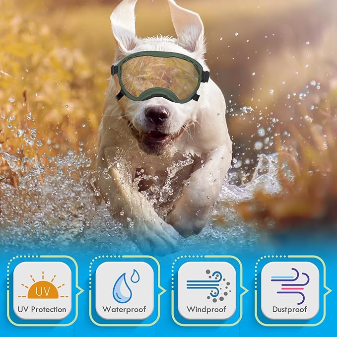 Dog Goggles for Large Dogs, UV Wind Dust Fog Protection, Soft Frame Adjustable Dog Sunglasses, Summer Driving & Winter Snow Eyewear, Tactical Pet Glasses with Elastic Strap (Green)-PawvioPets