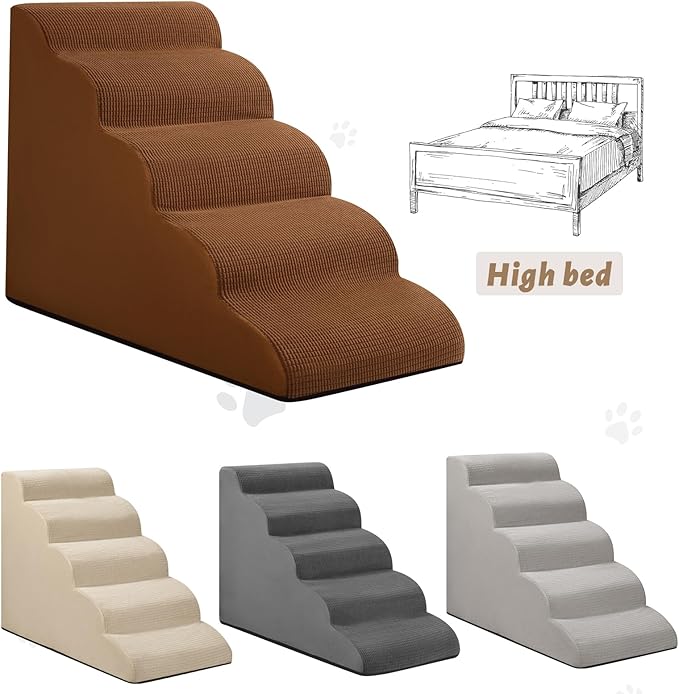 5-Step Dog Stairs and Ramp for High Bed,Non-Slip Sturdy Pet Steps for Small Dogs and Cats,22.2" H,Brown-PawvioPets