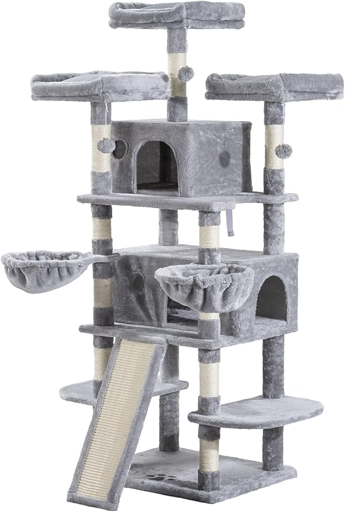 Allewie 68 Inches Cat Tree/House and Towers for Big Feline/Scratching Post/Multi-Level Large Kitty Climbing Tree with Condo/Light Grey-PawvioPets