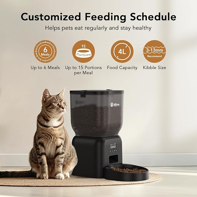 Automatic Dog & Cat Feeder with Freshness Preservation, 4L Timed Cat Feeder with LCD Screen.Up to 6 Meals Per Day and 1-15 Portion for Cats & Dog (Black)-PawvioPets