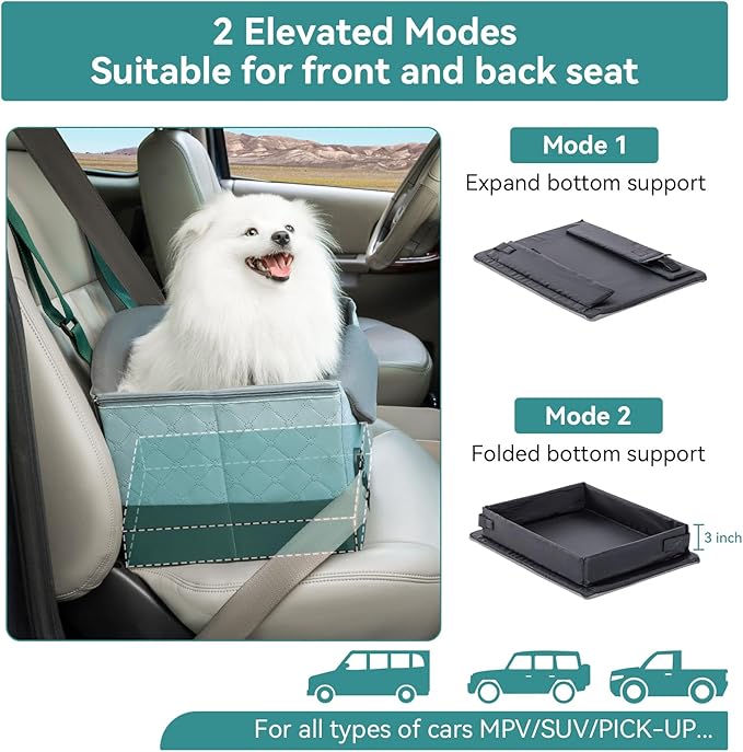 A 4 Pet Dog Car Seats for Small Dogs, Booster Car Seat with Patent Buckles & Clip-On Safety Leash, Pet Seat for Puppy Small Dogs Cats Under 25 Lbs, Green-PawvioPets